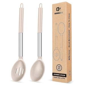 Pack of 2 Large Silicone Cooking Spoons,Non Stick Solid Basting Spoon,Heat-Resistant Kitchen Utensils for Mixing,Serving,Draining,Stirring (STAINLESS STEEL KHAKI)