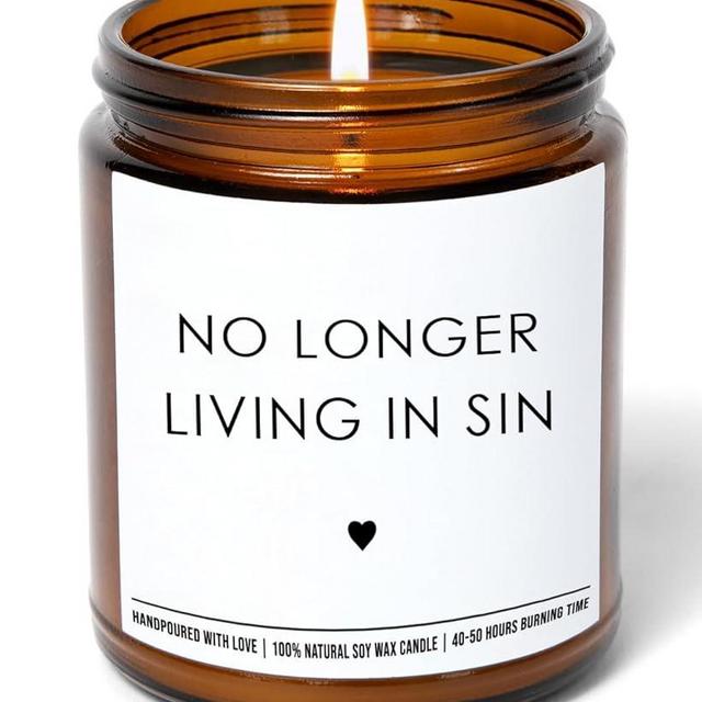 No Longer Living in Sin - Unique Couple Wedding Gift for Bride and Groom - His and Hers Anniversary Present Husband and Wife - Funny Engagement Gifts for Him and Her - 9 oz Soy Wax Candle