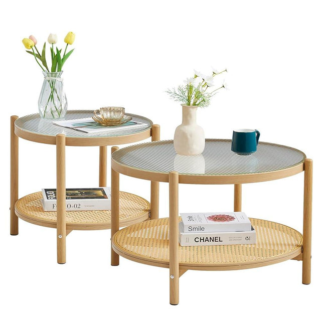 Boho Rattan Coffee Table Set of 2, Round Glass Living Room Table Set, Modern Simple 2 Tier Middle Center Table for Small Space Living Room Bedroom Office Meeting Room