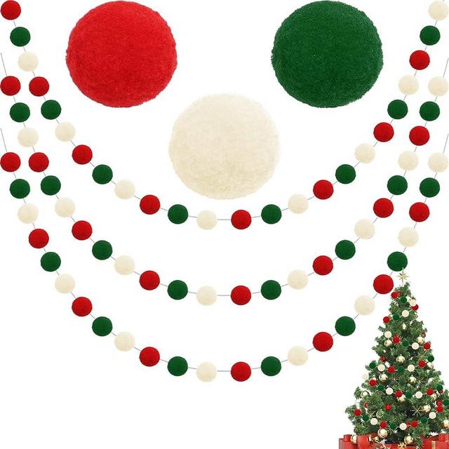 Jishi 3-Pack Pom Pom Garland Red and Green Felt Ball Ornament Garland Christmas Decorations, Cute Pompom String for Christmas Tree Decor Xmas Holiday Party Birthday Banner - 6.6 Feet Long, 24 Balls