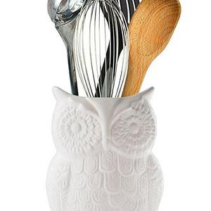 Owl Utensil Holder by Comfify - Decorative Ceramic Cookware Crock & Organizer, in Lovely White Color - Utensil Caddy and Perfect Kitchen Ceramic Décor Gift - 5” x 7” x 4” Size