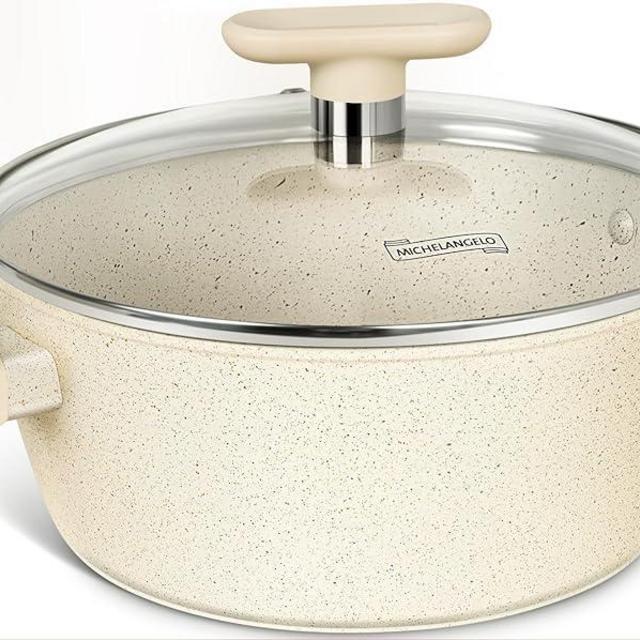 MICHELANGELO 4 Quart Stock Pot with Lid, Nonstick Soup Pot, Granite Cooking Pot with Lid, Induction Pot with Stay-cool Handle, 4 Qt Stockpot Non Stick Pot White