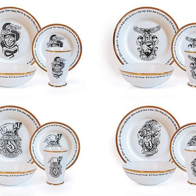 Robe Factory LLC Harry Potter Hogwarts House Logos 16-Piece Dinnerware Set | Ceramic Dish Set