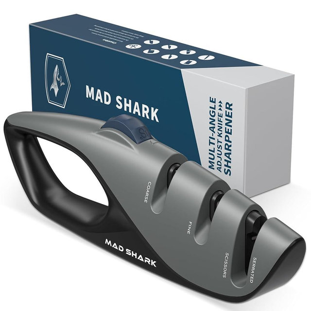 Mad Shark Knife Sharpeners for Kitchen - 5 Adjustable Sharpening Angle, Pocket Knife Sharpening, Design with Non-Slip Rubber Edge Grip, Knife Sharpener for Kitchen Knives, Serrated Knives, Scissors
