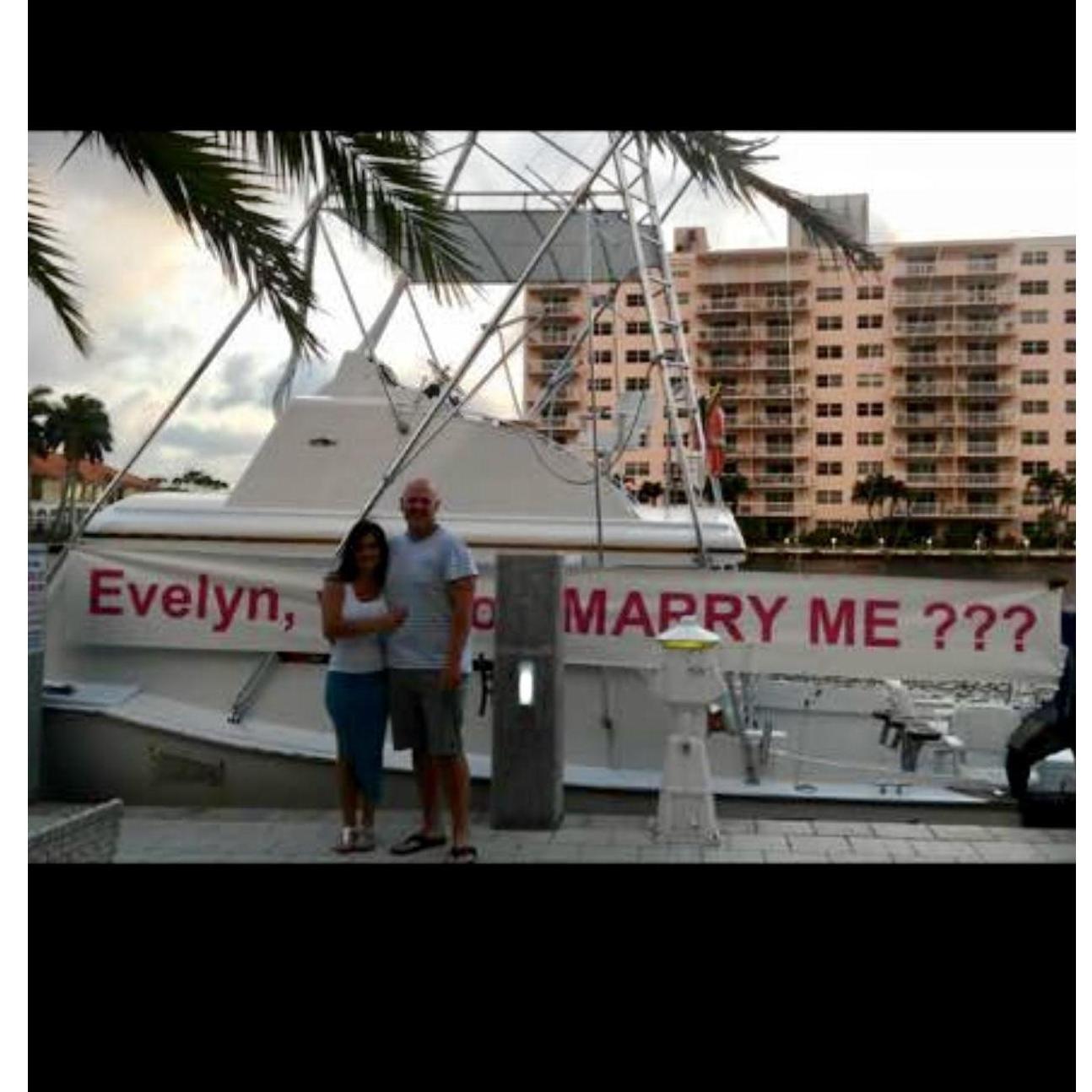 The proposal. He took me to a restaurant on the Intercoastal and had a boat drive up with a banner that read “Evelyn, will you marry me”. I thought there surely was another Evelyn at the restaurant!