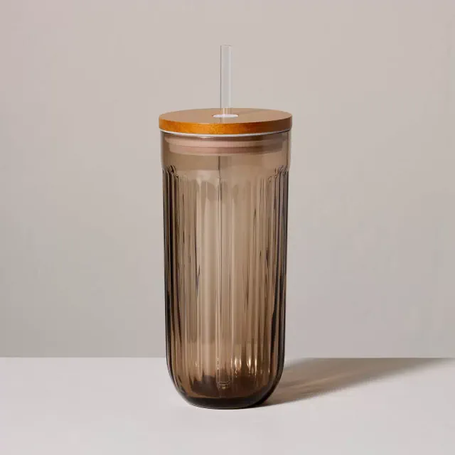 21oz Fluted Glass Tumbler with Wood Lid Blush - Hearth & Hand™ with Magnolia