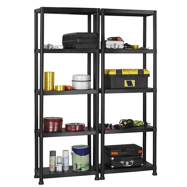 VonHaus 5 Tier Garage Shelving Unit with Wall Brackets (Pack of 2) - Black Plastic Interlocking Utility Storage Shelves - Each Unit: 68 x 24 x 12 inches