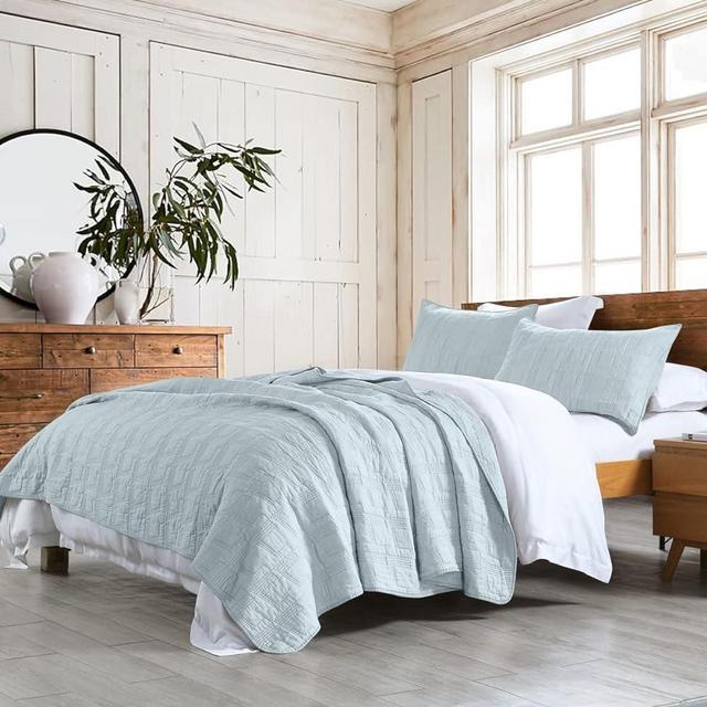 HORIMOTE HOME 100% Cotton Quilt Set Queen Size, Baby Blue Pre-Washed 3-Piece Bedspread Coverlet Set, Cozy Lightweight Stitching Bedding Cover with 2 Shams in Geometric Pattern for All Season