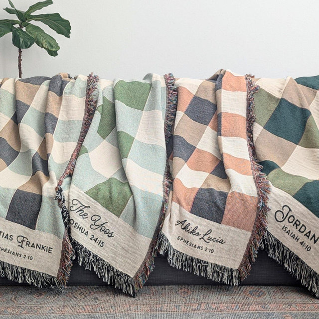 Custom Woven Throw Blanket | Modern Checkered, Unique Gift for Wedding Engagement Cotton Anniversary Keepsake, Family or Couple Last Name