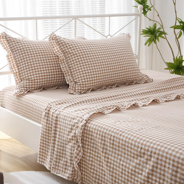 K MASANIJI Taupe White Plaid Ruffle Sheets Full Size 4-Piece Set, 300TC 100% Yarn Dyed Cotton Sheets Deep Pocket Farmhouse Gingham Decorative Bedding (Taupe/White Plaid, Full)