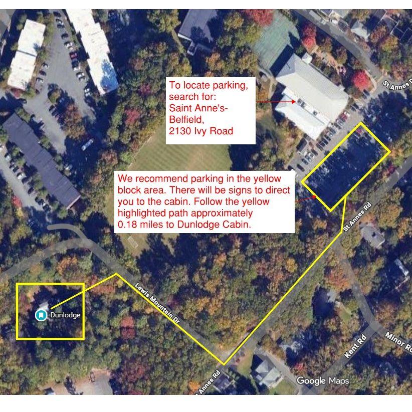 Park at 2130 Old Ivy Road (St. Anne's-Belfield School upper parking lot) to access Dunlodge.
