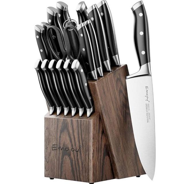 Emojoy Knife Set, 18-Piece Kitchen Knife Set with Block Wooden, Manual Sharpening for Chef Knife Set, German Stainless Steel