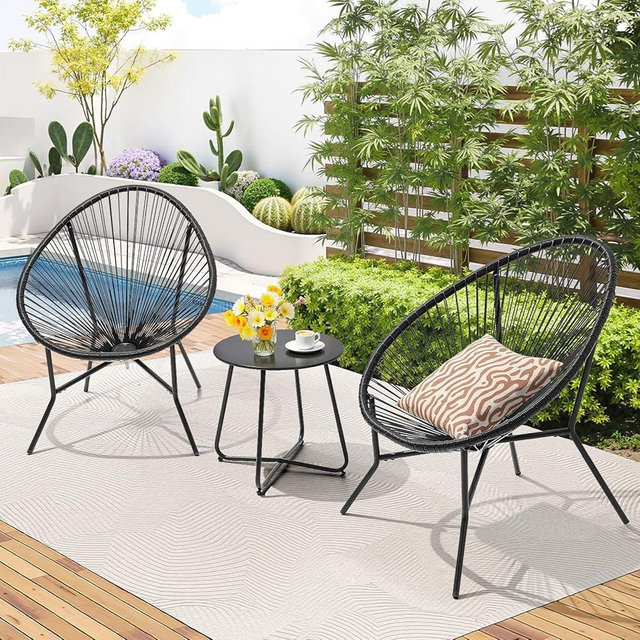 ONBRILL 3-Piece Outdoor Acapulco Chairs Set, Modern Patio Furniture Set, Woven Bistro Set with Steel Frame for Balcony, Lawn, Porch and Garden, Black