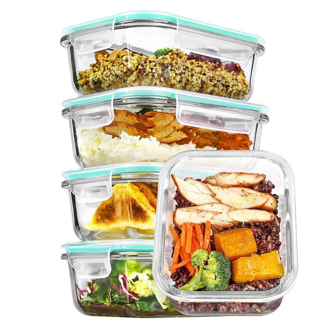 Vtopmart 5Pack 22oz Glass Storage Containers with Lids, Glass Meal Prep Food Container Sets with Snap Airtight Lids for Microwave, Oven, Freezer and Dishwasher, Green