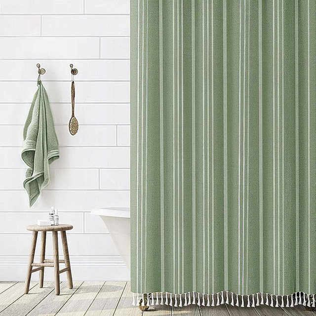 Awellife Striped Shower Curtain for Bathroom Cotton Cloth Shower Curtain Boho Farmhouse Sage Green and White