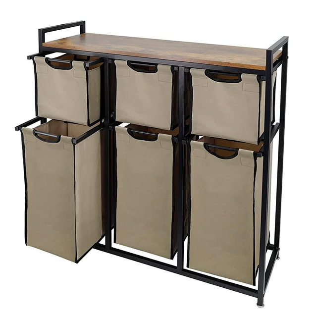 Suntage Laundry Basket Organizer, Hampers for Laundry 6 Compartments, Laundry Hamper with 6 Sliding Laundry Sorter Bags, Top Storage Shelf, and Metal Frame