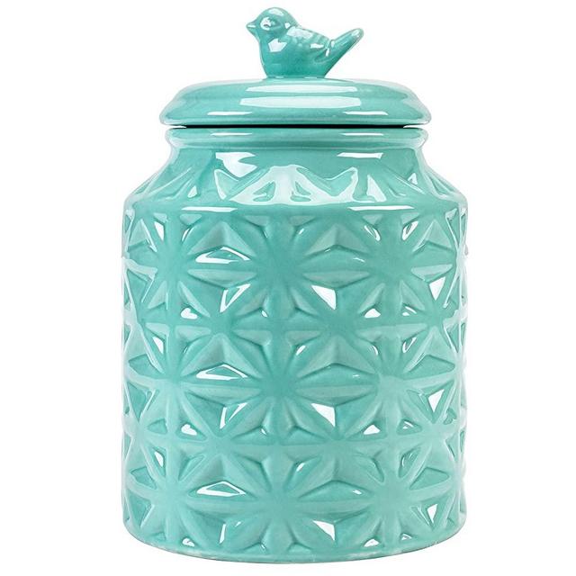 Turquoise Vintage Ceramic Kitchen Flour Canister/Cookie Jar w/Abstract Star Design & Bird Topped Lid