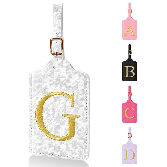 Personalized Initial Luggage Tags for Suitcases,Leather Letter Cute Luggage Tags with Privacy Name Card,Embroidered Monogrammed Travel Bag Backpack Tags Gifts for Women Kids Girls Teens(White-G)