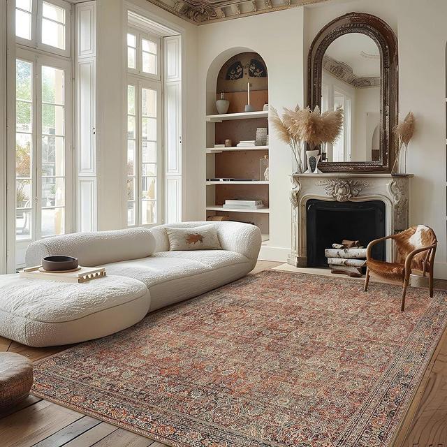 Bavni Area Rug 8x10 Machine Washable Large Boho Vintage Distressed Print Thin Chenille Bedroom Living Room Accent Rug, Low Pile Lightweight Non Slip with Gripper