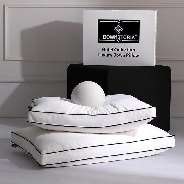 DOWNSTORIA Feather Down Pillows Queen Size Set of 2 with Gusset, Luxury Hotel Collection Bed Pillow 2 Pack, Down Surrounded Gusseted Pillows for Sleeping, Soft for Side, Back Sleepers 20x30 in.