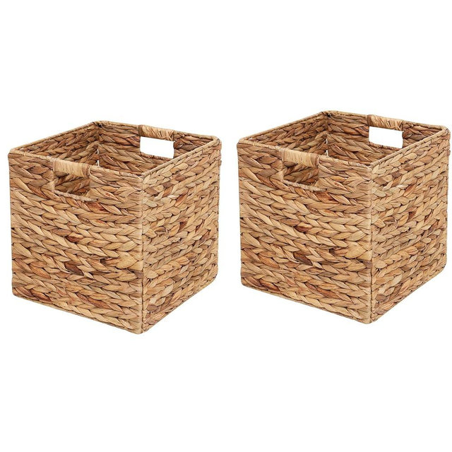 Wicker Storage Basket Water Hyacinth Woven Basket Wicker Storage Cubes,Foldable Baskets for Shelves,Handwoven Laundry Totes for Bedroom,12x12x12inch,Set of 2