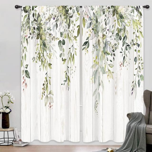 Riyidecor Green Eucalyptus Leaves Curtains Flower Watercolor Floral Spring Botanical Rod Pocket Wooden Wood Plant Farmhouse Cafe Curtain Herb Bedroom Living Room Treatment Fabric 2 Panels 52Wx84H Inch