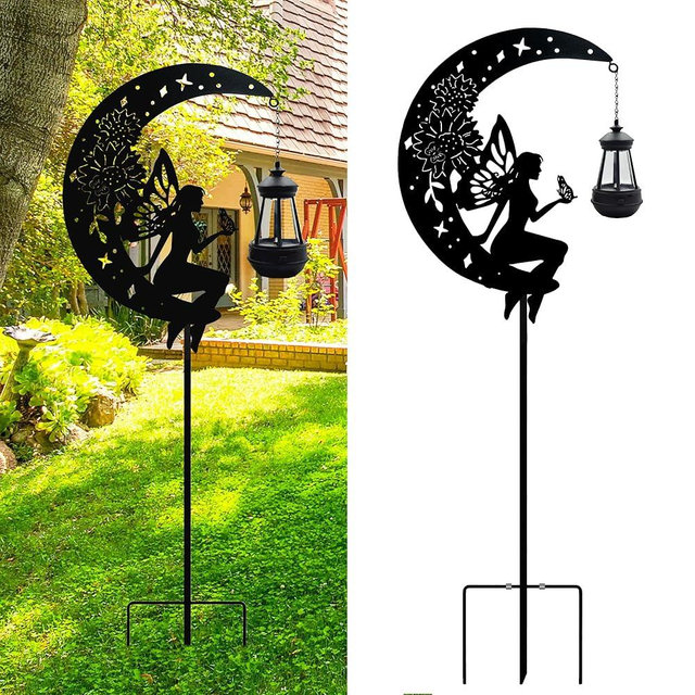 Solar Angel Garden Outdoor Stake Holding Solar Lantern Outdoor Decor Metal Large Angel Sitting Moon Silhouette Stakes for Garden Lawn Patio or Courtyard