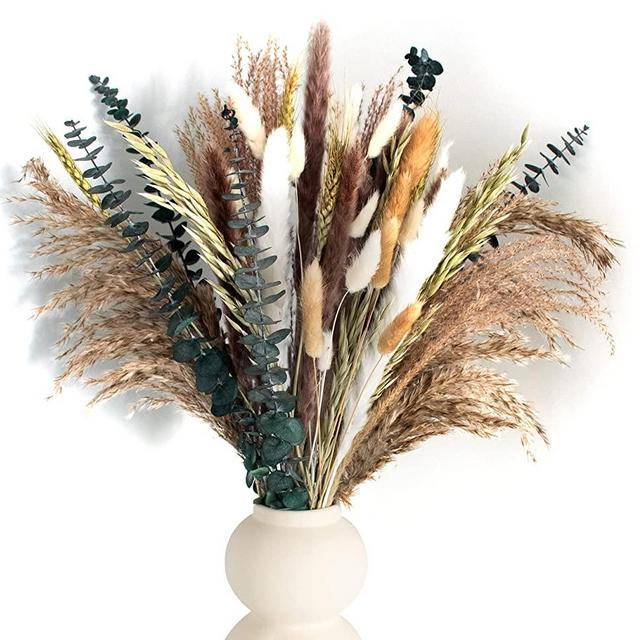 Dried Flower Bouquet Eucalyptus Decor - 60Pc Luxury Dried Pampas Grass Bouquet | Bunny Tails Pampas Grass Decor | Dried Floral Arrangements with Dried Eucalyptus Stems