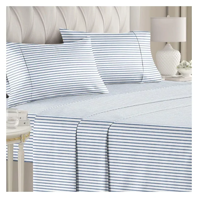 CGK Linens Luxuriously Soft 4-Piece Striped Sheet Set - Wrinkle-Resistant, Printed Pattern in Blue Stripes, Size Queen