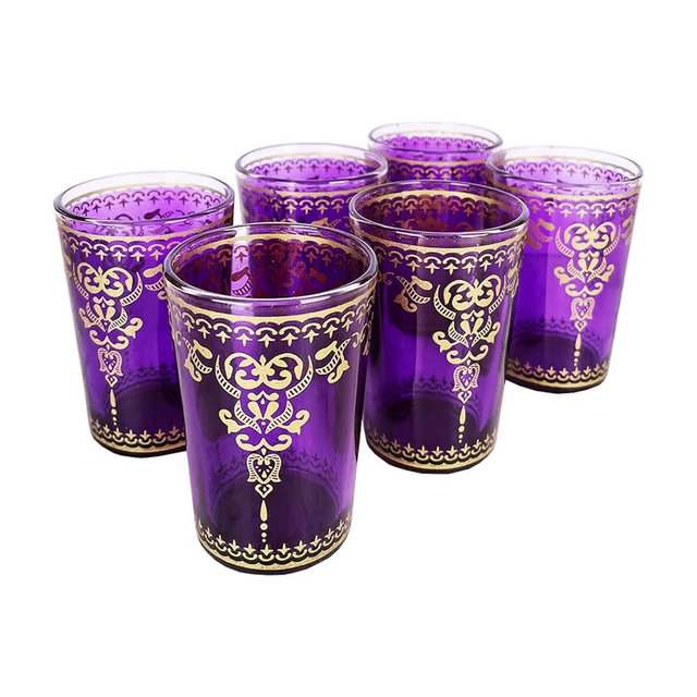 Moroccan Glasses Artisan Hand-Made Multipurpose 170 ml 6 oz Tea, Coffee and Wine Moroccan, Hot & Cold Tumbler - Marrakech & Casablanca Tea Cups Set of 6 Hand Blown Colorful Made in Morocco (Purple)