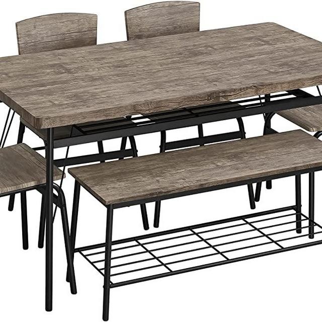 Yaheetech 6-Piece Dining Table Chair Bench Set - Farmhouse & Modern Breakfast Table & Chairs Sets w/Premium Materials & Sturdy Steel Frame for Home, Kitchen, Dining Room, Sunroom