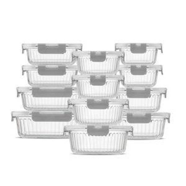 JoyJolt Fluted Glass Food Storage Containers with Leakproof Lids, Set of 12 - Gray