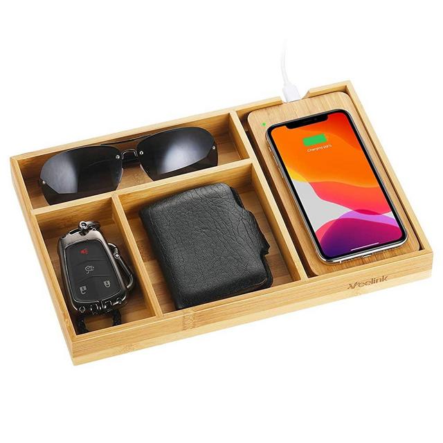 Veelink Fast Wireless Charger with Organizer Tray Qi Bamboo Charging Station Table Nightstand Organizer for iPhone SE 2020/11/Xs MAX/XR/XS/X/8/8, Samsung S20/S10/S9/S8/Note 20