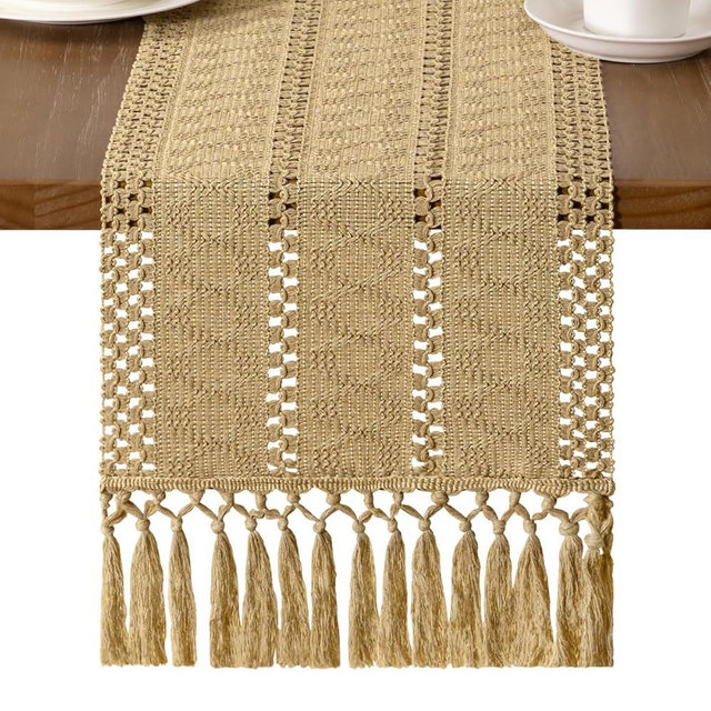 MLMW Boho Table Runner 48 inches Farmhouse Rustic Home Decor Champagne Coffee Table Centerpiece Macrame Woven Dresser Runner for Spring Living Room Dining Room Bedroom