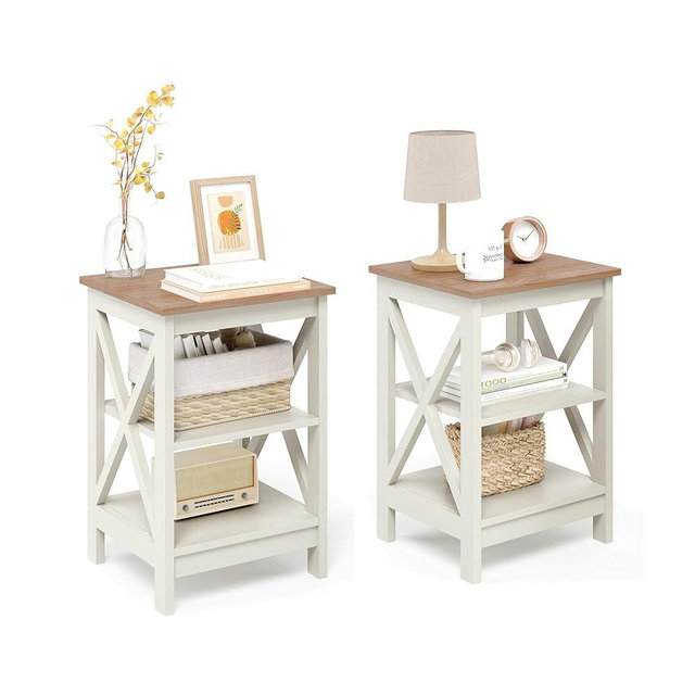 GREEN PARTY End Tables,Side Tables with 3-Tier Storage Shelf for Living Room, Small Nightstand for Bedroom, Wooden Frame,Small Coffee Table,White