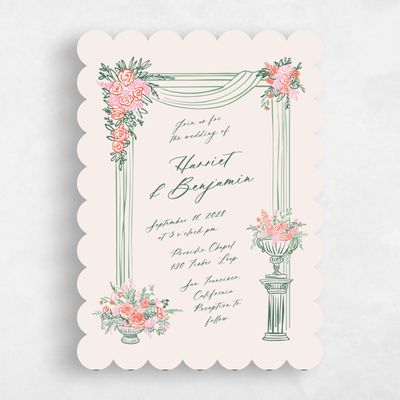 Green Scalloped Wedding Invitation - Josette Portrait