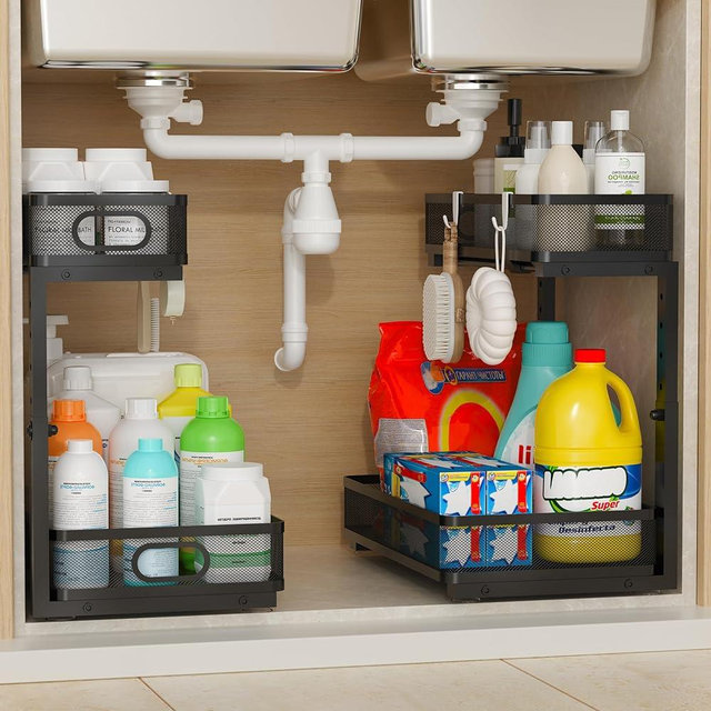 JATBFCC Under Sink Organizer 2 Pack, 2-Tier Slide Out Cabinet Organizer with Metal Sliding Drawer and Hooks, Pull Out Storage Baskets for Kitchen Bathroom Pantry Cabinet Organization (black)