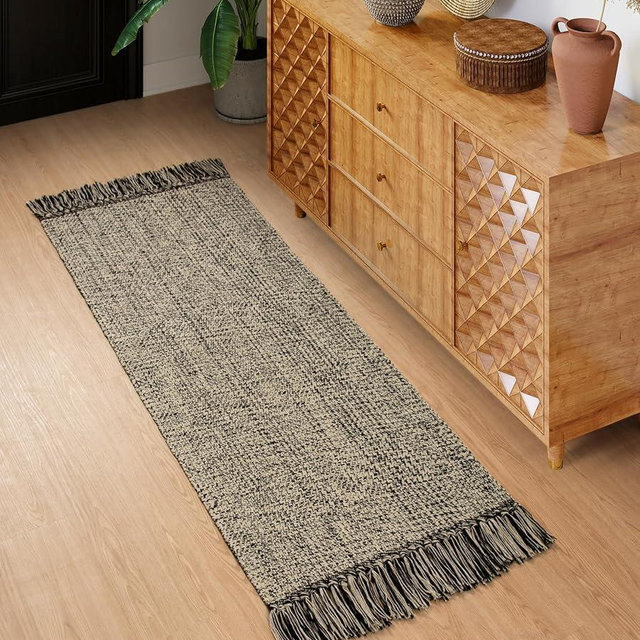 Collive Hallway Runner Rug, 2x5 Washable Natural/Black Modern Entryway Runner Rug Hand-Woven Cotton Boho Kitchen Runner Rugs for Bedroom Laundry Room Rug Front Door Farmhouse Bathroom Rug Outdoor