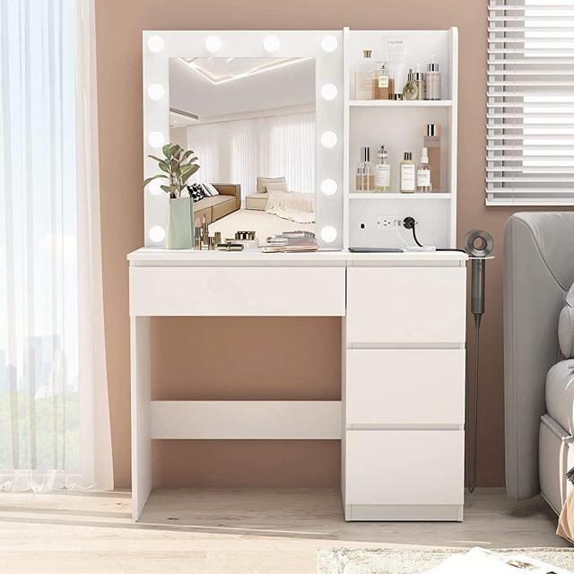 Makeup Vanity with Lights, 37inch Vanity Desk with Power Strip & Hair Dryer Rack, 4 Drawers Makeup Table with Lighted Mirror, 3 Lighting Colors, White