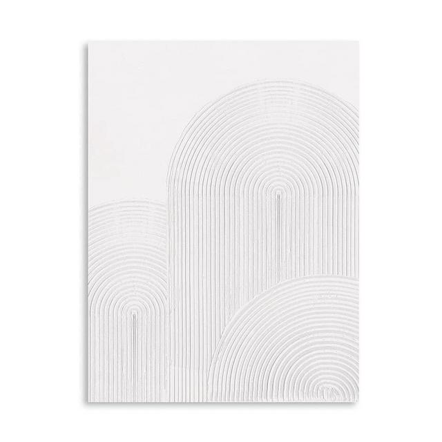 Contemporary White Textured Wall Art: 3D Retro Plaster Geometric Abstract Painting Line Spiral Shapes Wall Decor for Living Room, Bedroom Modern Neutral Art Decoration Framed Ready to Hang 12"x16"-B