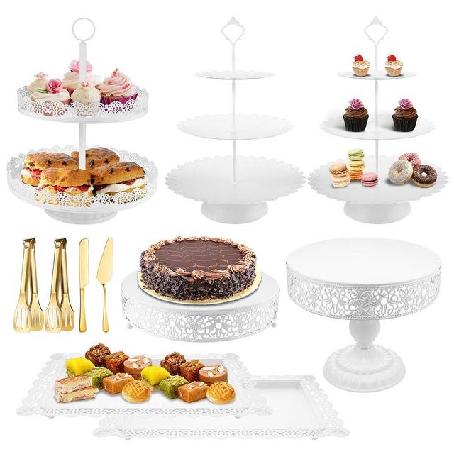 White Cake Stand Dessert Table Display Set, Metal Tiered Cupcake Holder Fruits Snack Donut Plate Serving Tower Tray Platter with Tong, Cake Knife and Server Set for Wedding Birthday Party Decor 11PCS