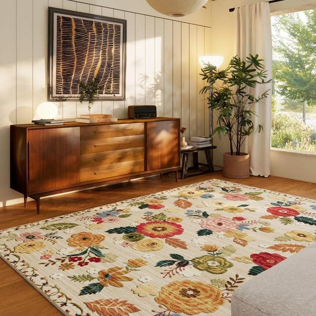 6x9 Area Rugs for Living Room: Machine Washable Rugs for Bedroom Vintage Floral Rug Stain Resistant Non Slip Low Pile Faux Wool Soft Rug for Entryway Dining Room Bedside Kitchen Nursery