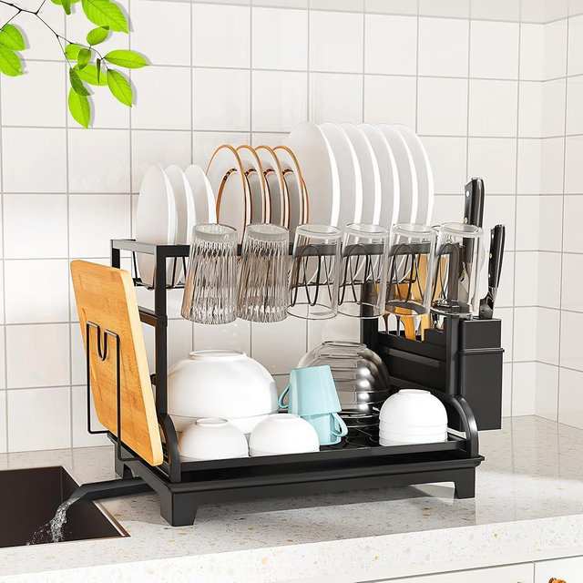 HomeCurated 2-Tier Foldable Dish Drying Rack with Drainboard, Stainless Steel Large Capacity Kitchen Counter Organizer with Cup Holder, Utensil & Cutting Board Storage, No Assembly Required, Black