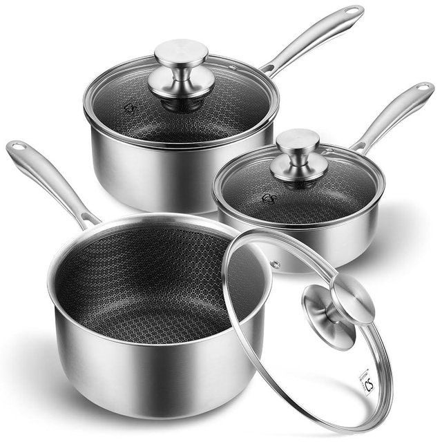 KOCH SYSTEME CS Hybrid Nonstick Stainless Steel Saucepan Set, 6-Piece Triply Stainless Steel Saucepan Set with Hybrid Honeycomb Interior, 1QT & 2QT & 3QT Sauce Pans, Induction Ready, Steel Pot Set