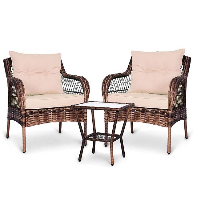 ENSTVER 3 Pieces Patio Conversation Set w/ 2 Rattan Wicker Chairs and Glass Table,for Garden Backyard Lown Porch (Beige)