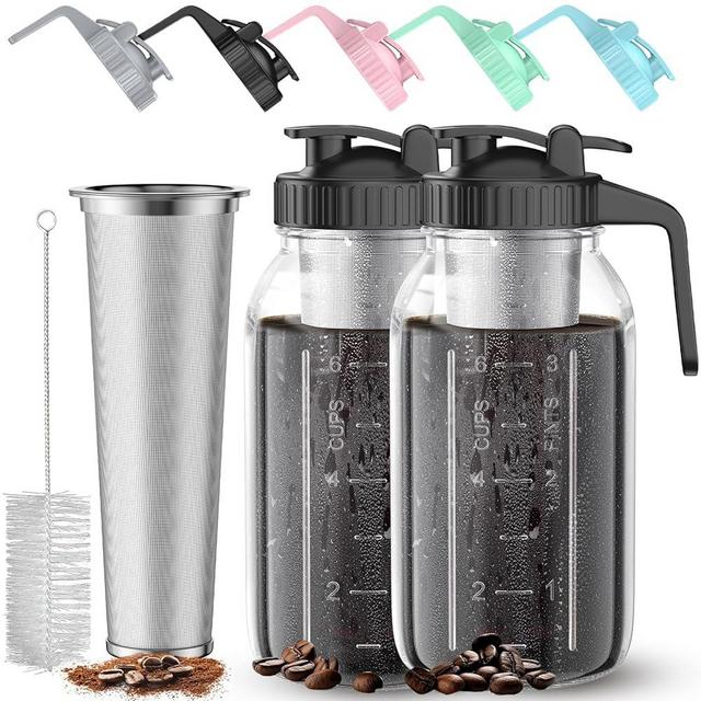 Cold Brew Coffee Maker Jar - 2 Pack 64 oz(2 Quart / 1.9 Liter)Glass Cold Brew Maker with Handle, Stainless Steel Filter&Leak-Proof Lid, Heavy Duty Cold Brew Pitcher for Iced Coffee, Sun Tea, and Milk