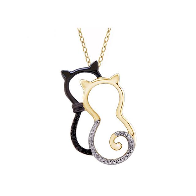 Women's Sterling Silver Accent Round-Cut Black and White Diamond Pave Set Cat Pendant - Yellow (18")