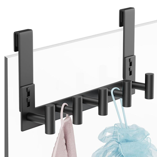 PMMASTO Shower Door Hooks, (7.5 Inch) Extended Towel Hook for Bathroom Frameless Glass Shower Doors, Stainless Steel Heavy Duty Holder for Hanging Robe,Towel (Black 5 T-Hooks-Fits 3/8" Thick Door)