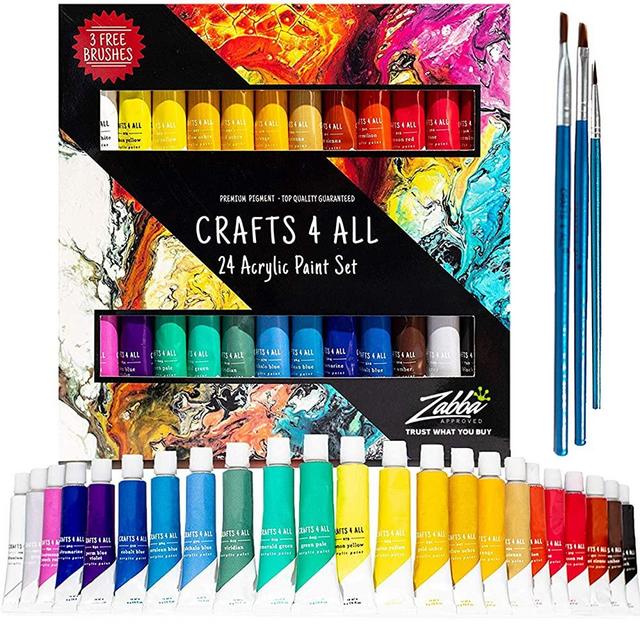 Acrylic Paint Set 24 Colors by Crafts 4 ALL Perfect for Canvas, Wood, Ceramic, Fabric. Non Toxic & Vibrant Colors. Rich Pigments Lasting Quality for Beginners, Students & Professional Artist