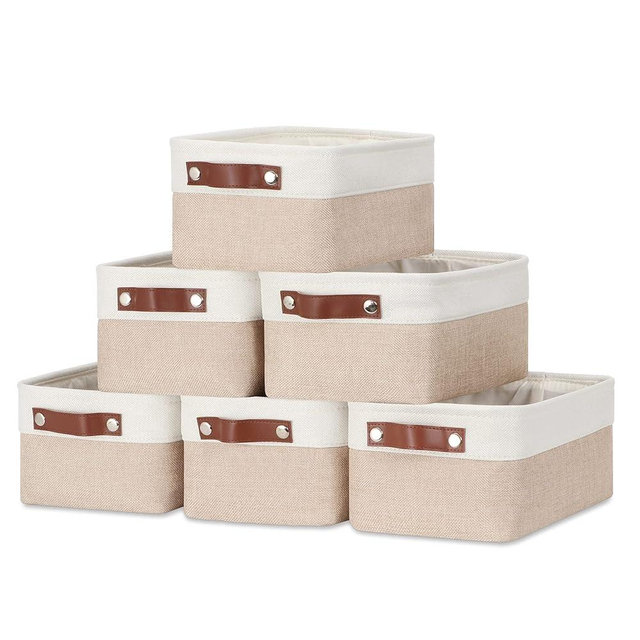 DULLEMELO Small Storage Bins, Storage Baskets for Organizing, Collapsible Rectangular Fabric Baskets for Shelves, Closets, Nursery, Home, Office, Empty Gift Baskets (6-Pack, White&Khaki)